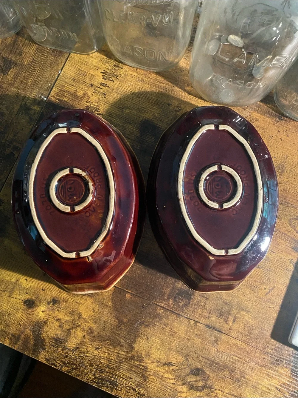 Set of 2 McCoy 7070 USA of proof Ceramic Brown and Deep Red Glazed Bowls